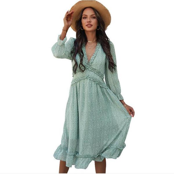 

casual dresses autumn women print chiffon dress deep v-neck long sleeve midi female ruffles a-line blue vestido mujer, Black;gray