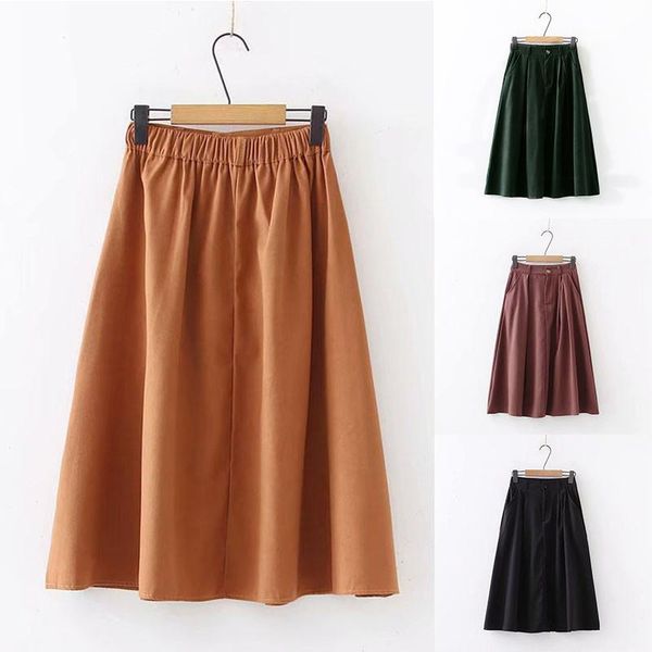 

skirts women vintage a-line mid spring summer high waist solid color girls skirt female casual temperament, Black