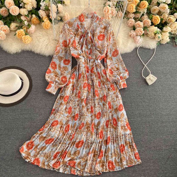 

women korean chiffon print dress o neck puff sleeve vacation a line dress autumn casual bow drawstring pleated dress 210419, Black;gray