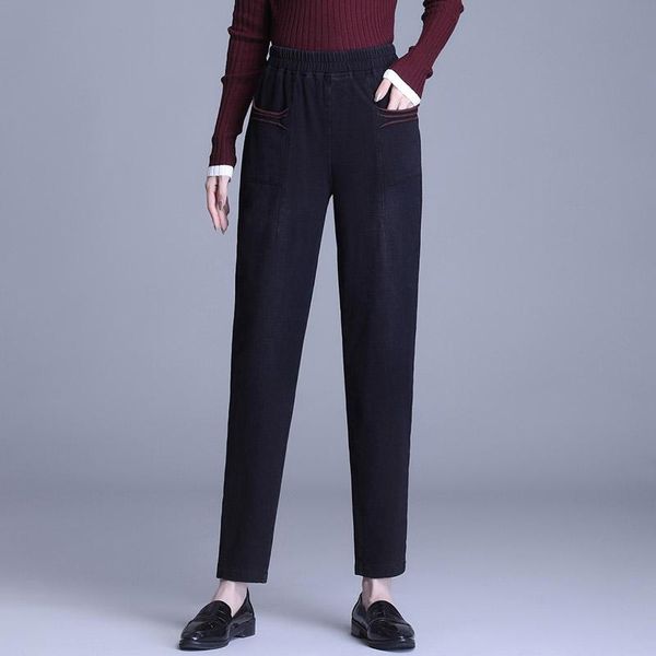 

women's jeans spring autumn mom high waist long contrast color harem pants casual quality elastic trousers plus size 4xl, Blue
