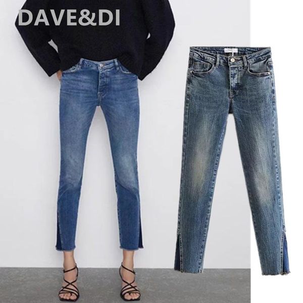 

women's jeans dave&di england high street push up skinny denim woman waist splicing leg open boyfriend for women, Blue