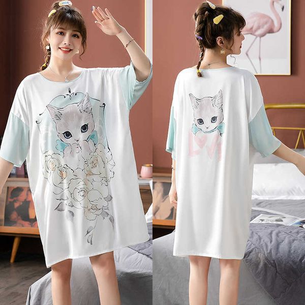 

yaoting pajamas ladies summer satin chiffon large round necked skirt pullover printed cartoon nightdress collection, Black;red