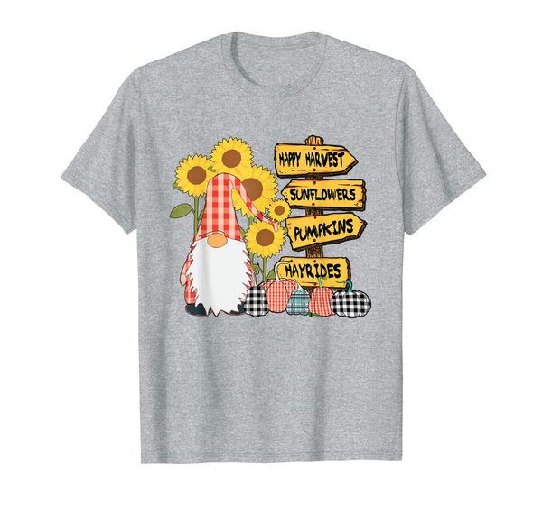 

happy harvest gnome gingham plaid pumpkins sunflowers fall t-shirt, White;black