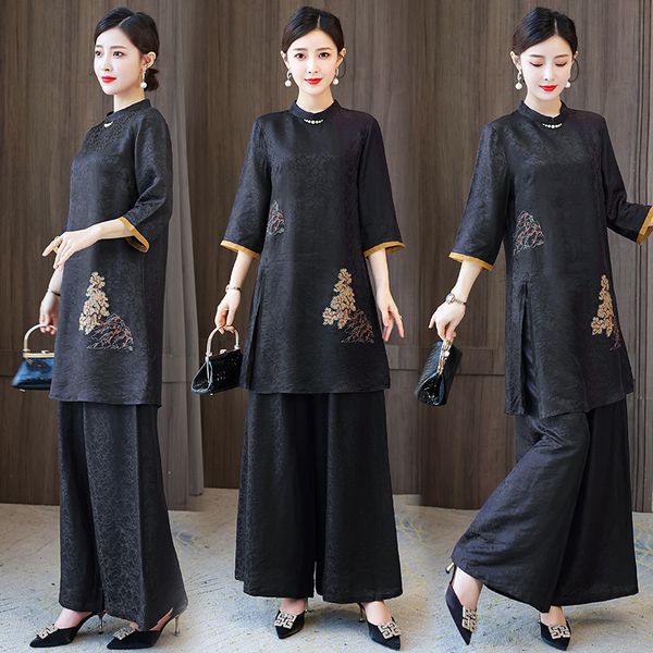 

traditional chinese ethnic clothing women pant sets black tang suit embroidered vintage oriental outfits elegant asian costume, Red