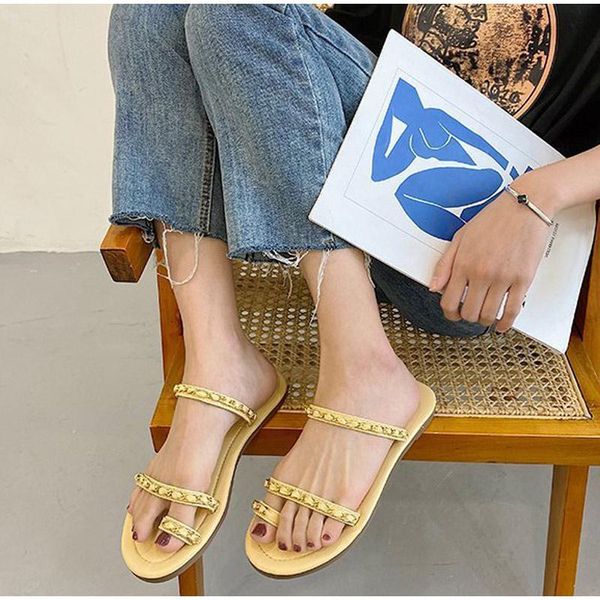 

slippers sandals women flat bow ladies chain slides solid color slip on female flip flops solft shoe outdoor 2021 summer, Black