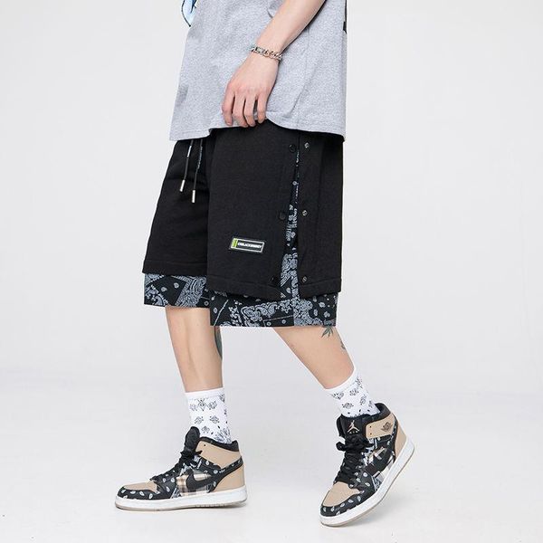 

men's shorts summer breasted fake two-piece male national trend hiphop cashew flower stitching loose casual five-point pants men, White;black