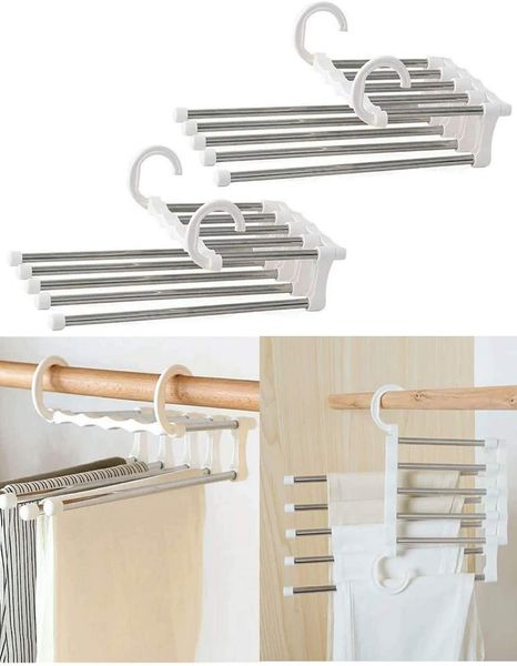 

5 in 1 pant rack stainless steel clothes hangers wardrobe magic trouser hangers multifunctional space saving scarf hangers