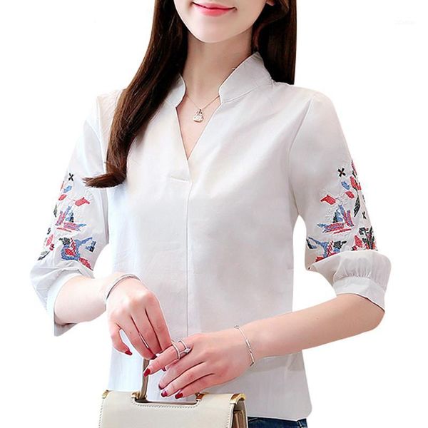

embroidery v-neck puff sleeve 2021 women shirts plus size clothing blouse women's blouses &, White