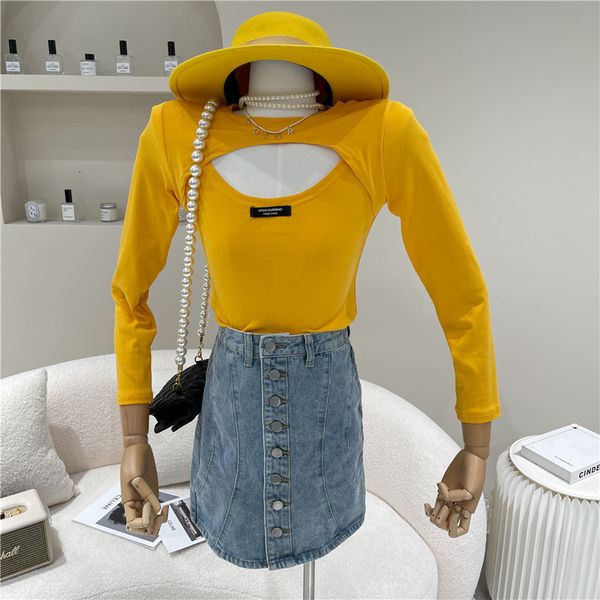 

springtime female 2021 niche design sense thin hollow label sleeve bottoming t-shirts, White