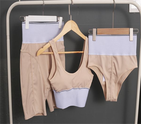 

new yoga tracksuits activewear set a letter belt sports bra fit halter vest high waist belted shorts three-piece sets, Gray