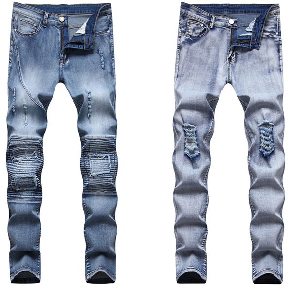 

men's jeans man ripped distressed biker stretch for men motorcycle pants skinny brand slim plus size casual fashion trousers, Blue