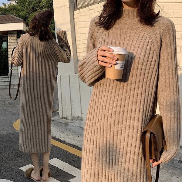 

casual dresses autumn sweater women dress winter long sleeve knitted loose maxi oversize knitting robe vestido, Black;gray