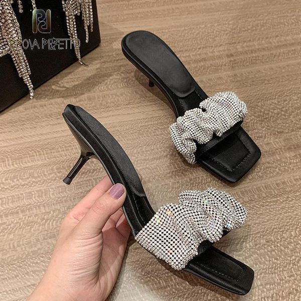 

fashion show style crystal open-toe stiletto slippers mid-heel party sandals and women, Black