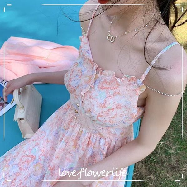 

summer dress women elegant sweet button floral strap dress female beach office lady kawaii design dress korea 210521, Black;gray
