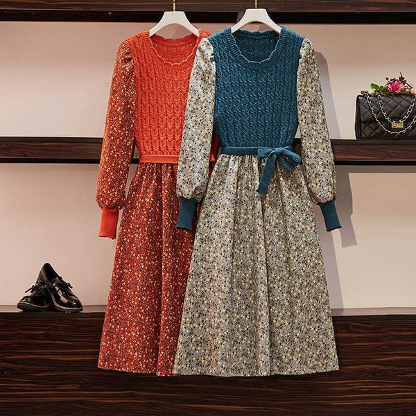 Frühling Twist Knit Patchwork Blumendruck Cord Kleid Frauen O-Ausschnitt Laterne Ärmel Vintage Gürtel A-Linie Midi 210529