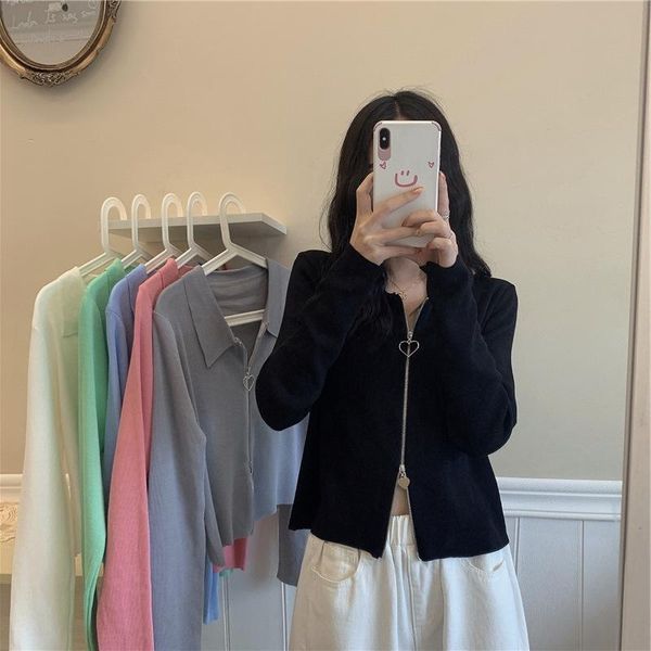 

women's t-shirt plus size summer korean version of 2021 fat mm slim short design zipper thin knit sweater top, White