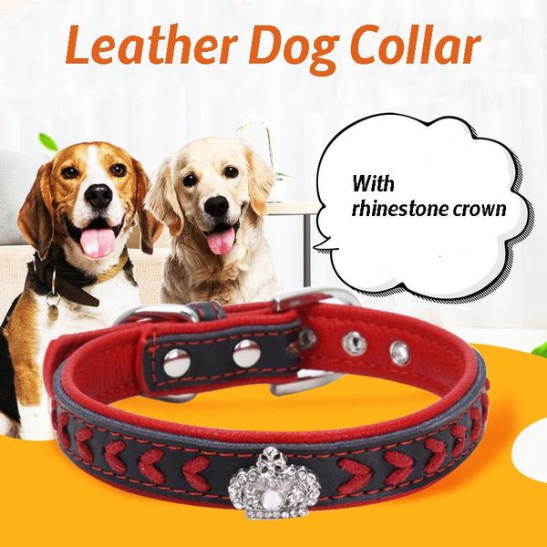 

dog collars & leashes collar rhinestone crown puppy necklace leather dogs double layer pet neck ring contrast color supplies