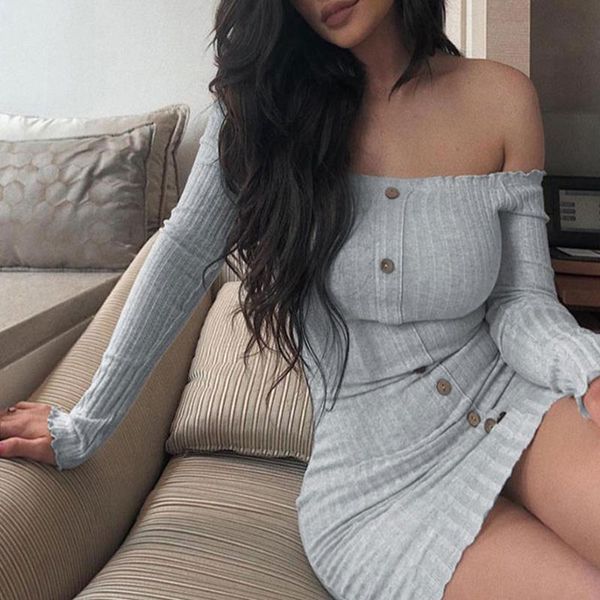 

casual dresses spring summer off shoulder button women bandage long sleeve solid club party mini dress vintage basic backless fashion, Black;gray