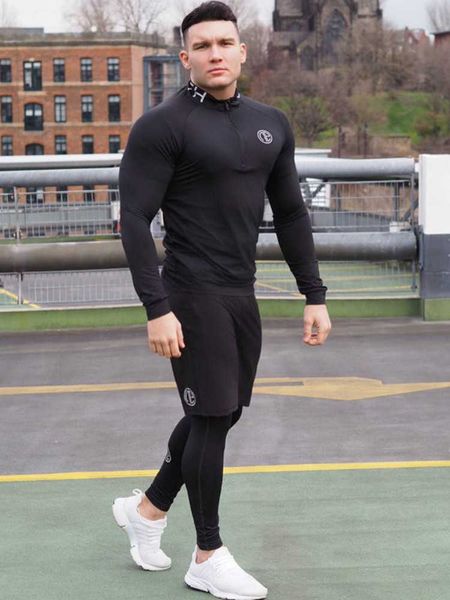 

men's skinny fitness 3 pieces sets bodybuilding cycling stretch tracksuits tight long sleeve sportswears+ 2 in 1 leggings pants 211006, Gray