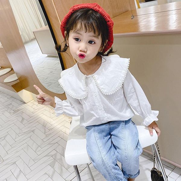 

shirts dfxd spring kids blouse girl cotton all-match pearl birthday party england style pink/white long sleeve blouses 1-7t, White;black