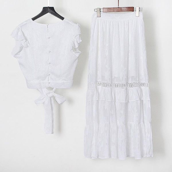 

summer solid color group suit single breasted sleeveless lace up + high waist mid length skirt for women women's two piece pants, White