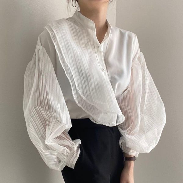 

women's blouses & shirts spring and autumn 2021 solid asymmetric design ruffled lantern sleeve mesh patchwork shirt blouse women z030, White