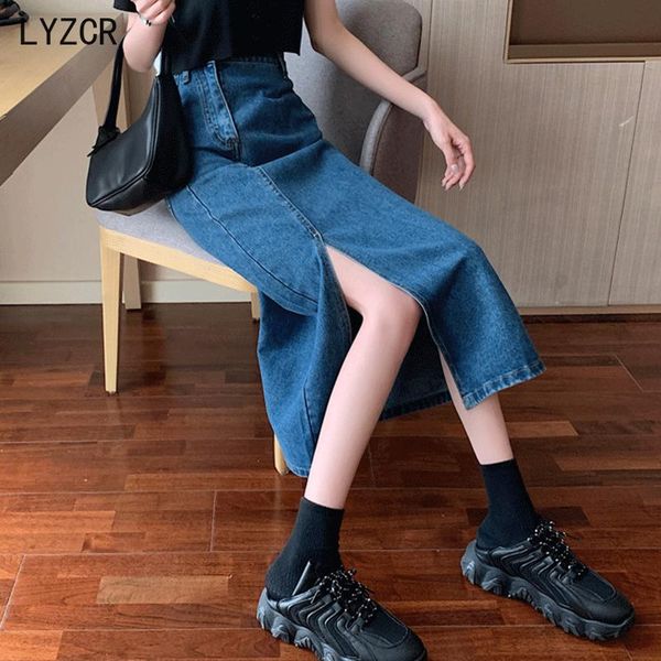 

skirts high waist denim skirt women long 2021 pencil split for a line casual midi jean female korean, Black