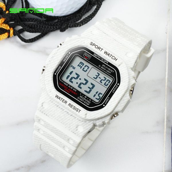 

wristwatches sanda men sport watch waterproof led square digital watches mens luxury men's white denim clock relojes hombre, Slivery;brown