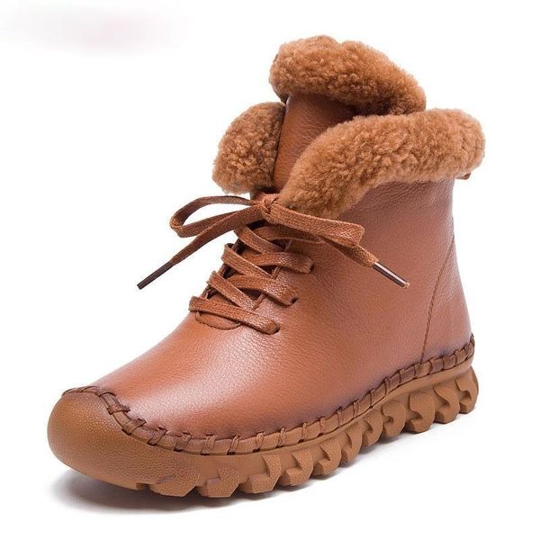 

boots winter female plus velvet genuine leather shoes snow platform women thermal cotton-padded flat ankle, Black
