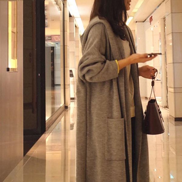 

fashion solid long knitted women sweaters kimono cardigan winter hooded casual sweet knit loose coat pockets blouse, White;black