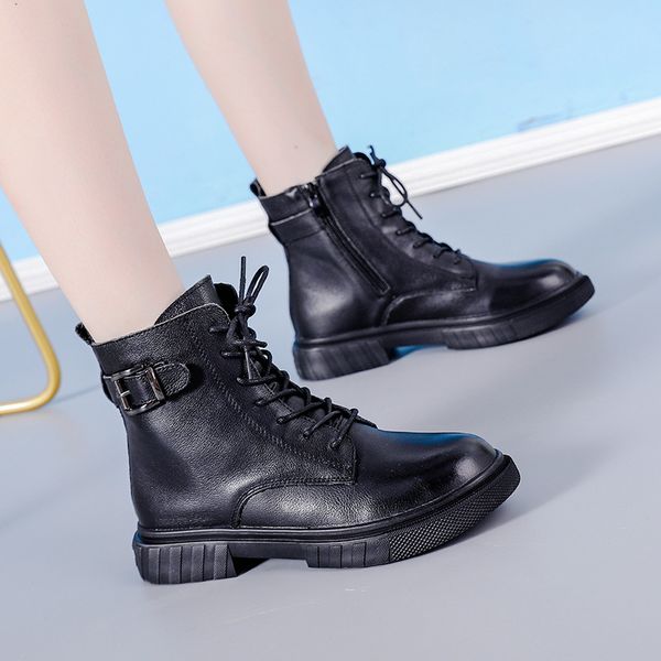 

women's short boots autumn and winter cow hide thick bottom martin net red casual naked spring single muffin maker, Black