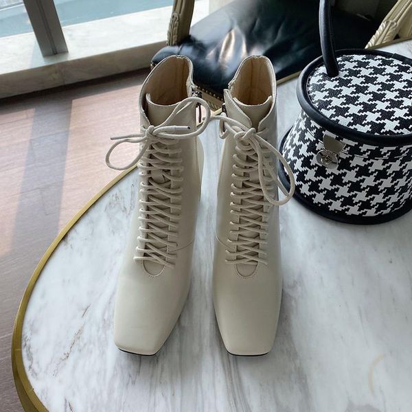 

boots fashion zipper shoes woman high heel pu leather lace up women ankle girls 35-42, Black