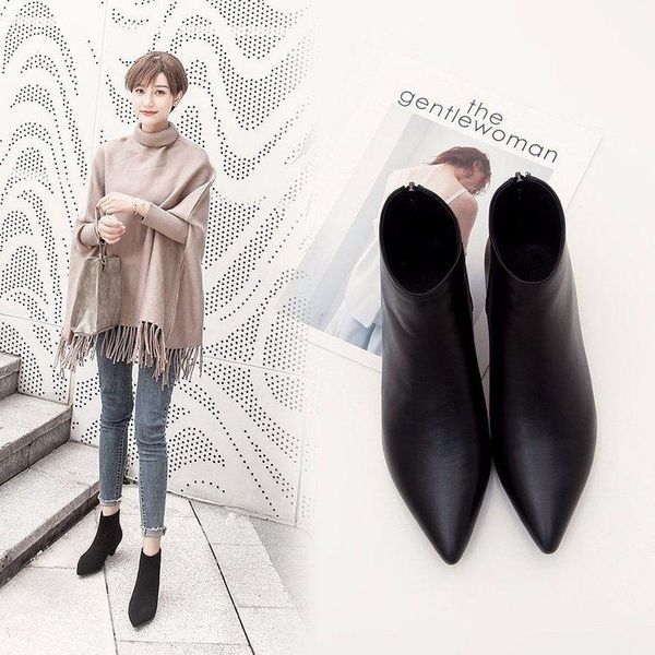 

boots [love birds]short women's pointed thick heel are versatile autumn and winter thin velvet ankle short tube women, Black