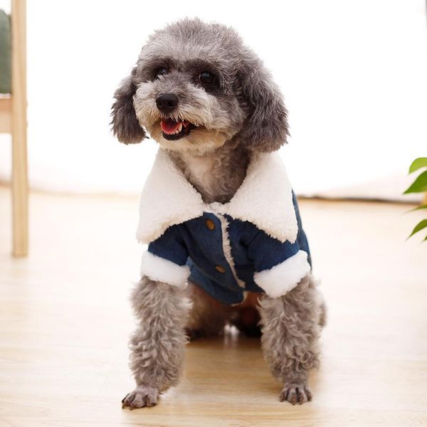 

dog apparel original clothes autumn and winter lamb down cotton jacket fur collar simple fashion denim two feet warm coat