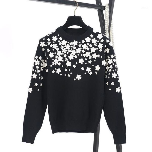 

women's sweaters tunjuefs white leather flower beading sweater woman jumper elegant jersey runway pullover long sleeve knitted office, White;black