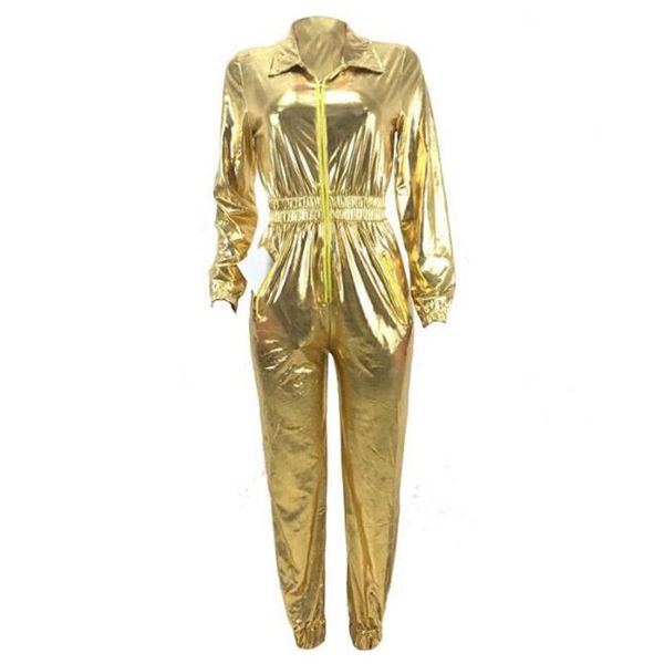 

women's jumpsuits & rompers womens jumpsuit overalls gold shiny wetlook metallic long sleeve bodycon club ladies party, Black;white