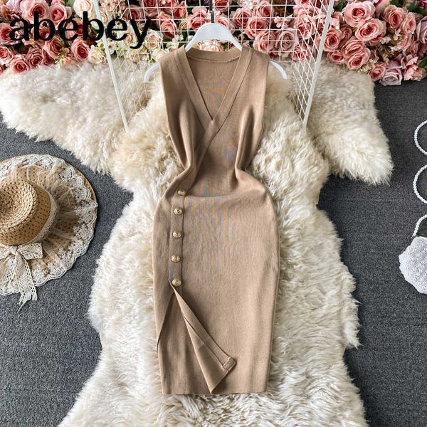 

split v-neck knitted dress pullovers slim fit women summer trendy button details step dress 210715, Black;gray