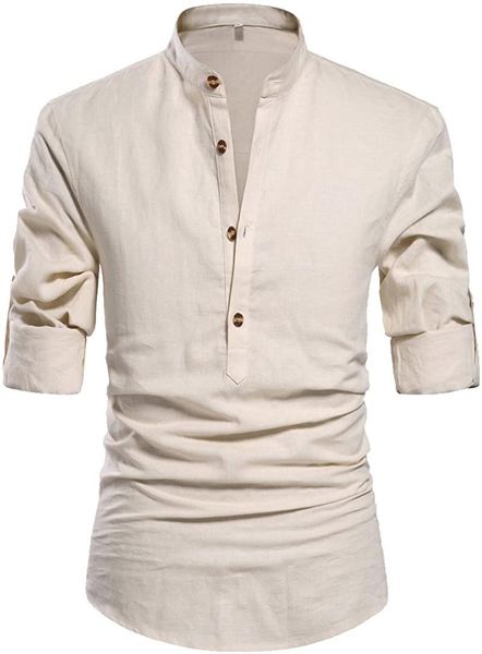 

men's casual shirts men henley neck long sleeve daily look linen pullover stand collar slim fit solid collared shirt mens fashion cloth, White;black