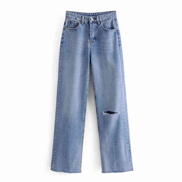 

bbwm women's jeans high waist hole denim straight-leg pants spring autumn retro washed elastic trousers 210520, Blue