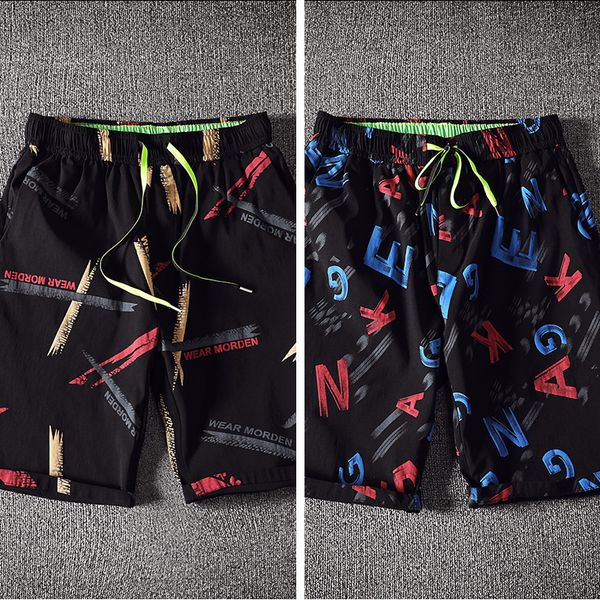 

a 359 summer five minutes of pants men loose handsome popular logo trend seven 6 beach pants male flower shorts trousers slacks, Blue