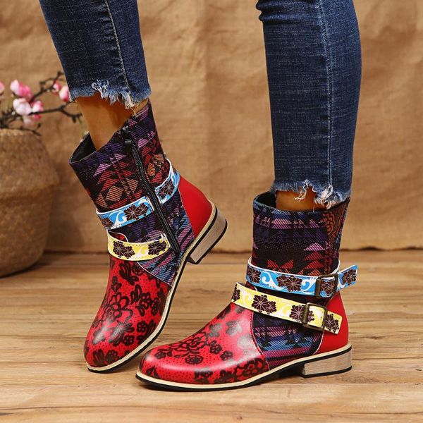 

retro autumn ladies boots plus size buckle floral printed low heel boots patchwork zipper female ankle shoes, Black