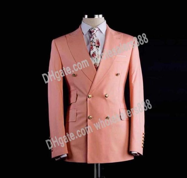 Двухбордовые Groomsmen Peach / Lavend Groom Tuxedos Пика Отворота Мужские костюмы Свадьба Лучший мужчина Blazer (Куртка + Брюки + галстук) C514 x0909