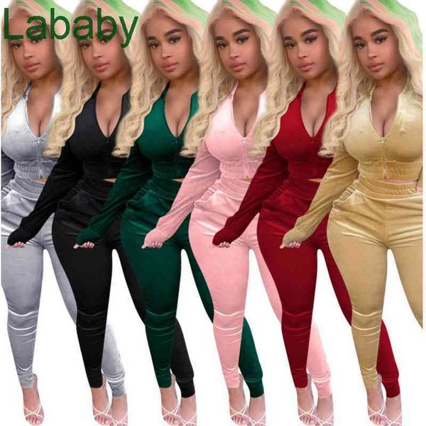

women tracksuit 2 pieces set designer outfits velvet long sleeve hooded zipped coat pocket pants ladies autumn winter sportwear 6 colours, Gray