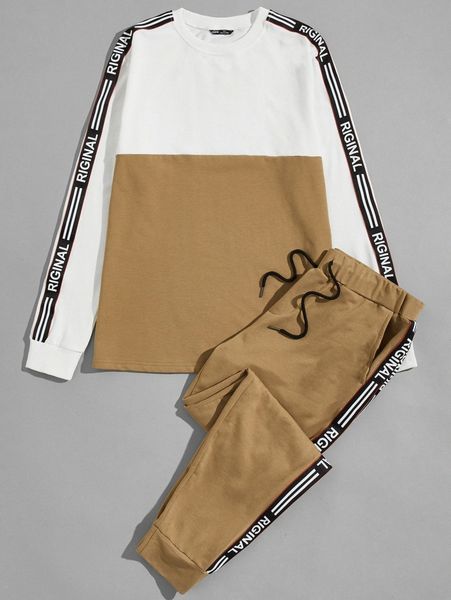 

men letter tape side colorblock pullover & joggers set v3ee#, Gray