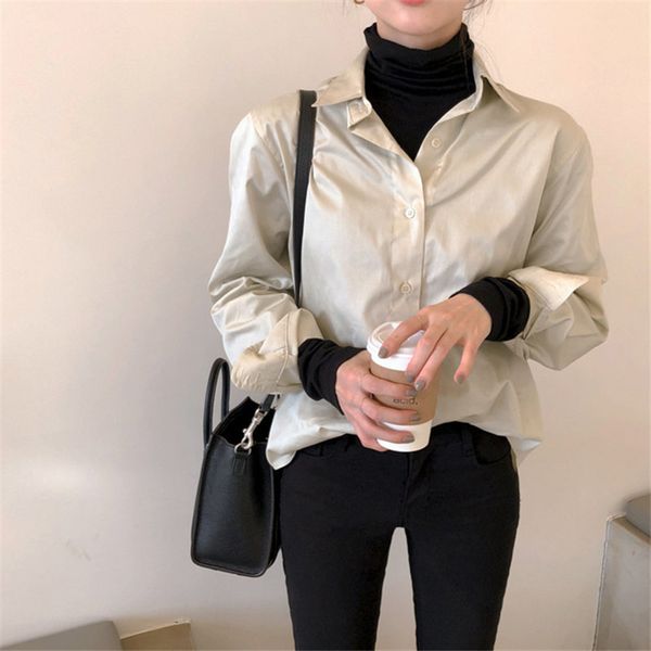 

beige chic brief minimalist luster elegance solid all match feminine streetwear office lady shirts 210421, White