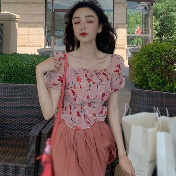 

summer slash neck blouseswomen short sleeve pleated blouse floral print chiffon shirt slim women's blouses & shirts, White