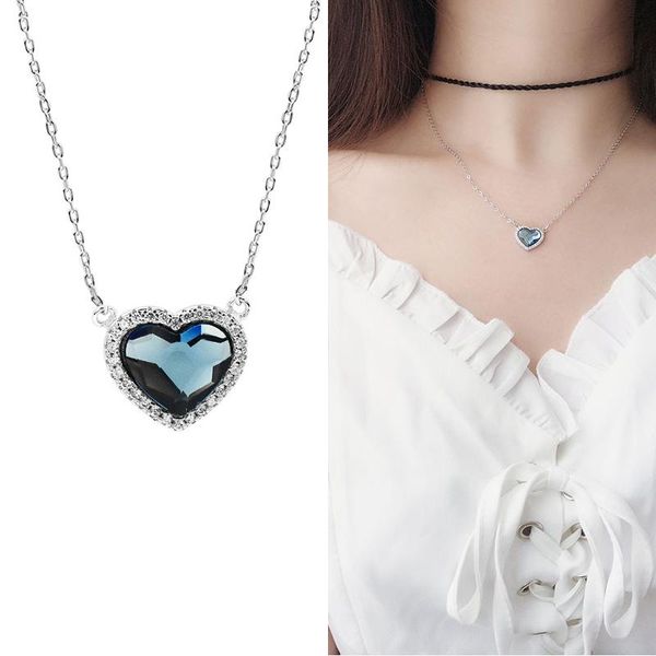 

Korea Ocean Heart 925 Sterling Silver Choker Necklace White Gold High-end Crystal Pendant Elegant Women S925 Jewelry Chokers, Golden;silver