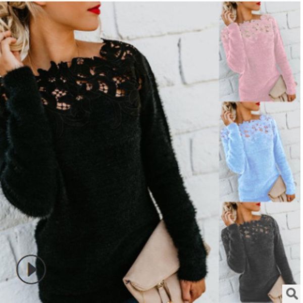 

women's sweaters fashion patching floral lace sweater for lady hollow out long sleeve solid clothing jumper 2021 spring autumn, White;black