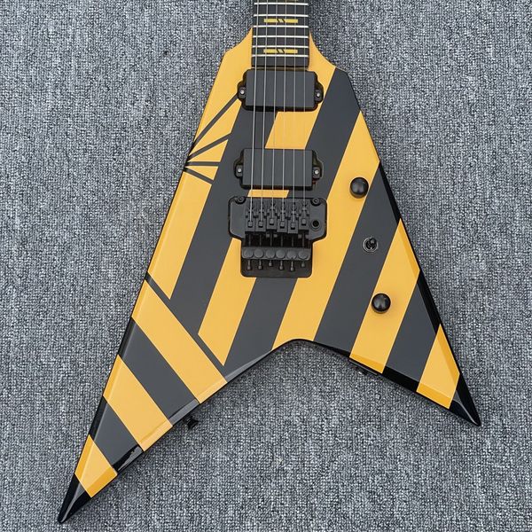 Burn Parallaxe V2Fr Michael Sweet Flying V Stripe Amarelo Guitarra Elétrica Floyd Rose Tremolo Bridge, Hardware preto, 777 Capa traseira