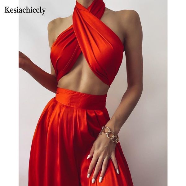 

kesiachiccly halter summer jumpsuit luxury silk satin solid flare pant romper elegant outfit party wear women jumpsuit, Black;white
